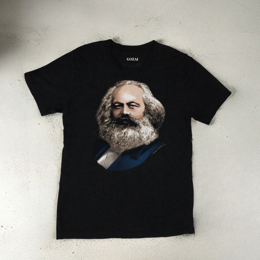 Made with a comfy 90% cotton, 10% polyester blend, this vintage-style black heather tee is perfect for everyday wear. Expertly printed ColorHalftone design featuring Karl Marx. Available in XS-3XL for a perfect fit.